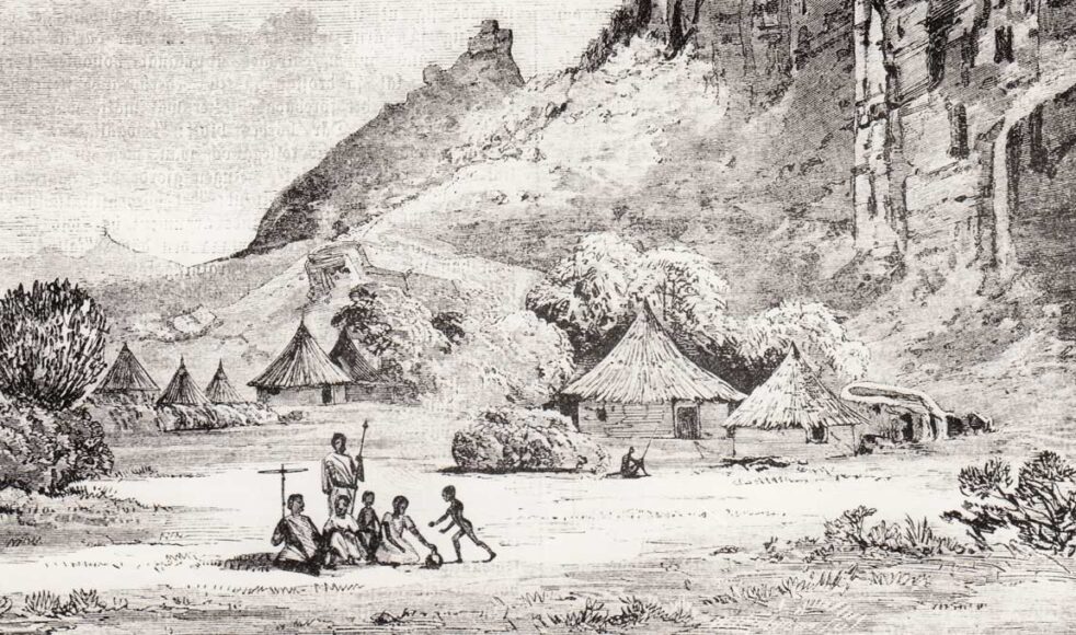När de första missionärerna sändes ut var målet att nå oromofolket i Etiopien. Här överblick av en by. Bild publicerad i Missions-Tidning 1893