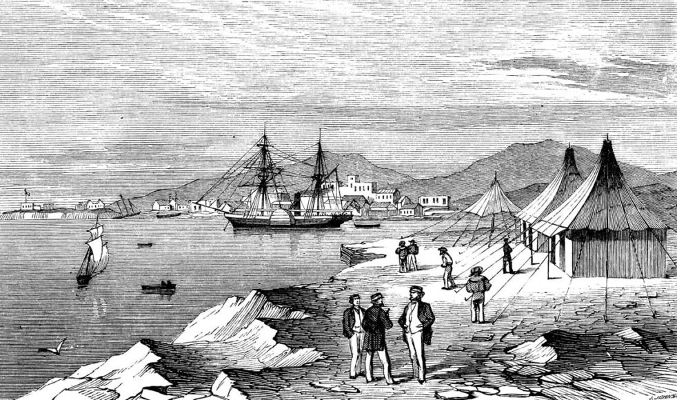 Hamnen i Massaua i dagens Eritrea. Bild publicerad i Barnens Tidning 1885.