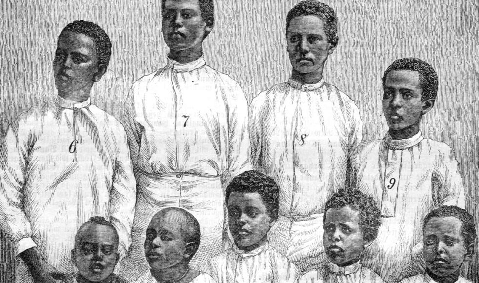 Nio elever vid Lundahls skola i Monkullo (Imkullo) 1884. Flera av dem blev senare ledare i kyrkan.