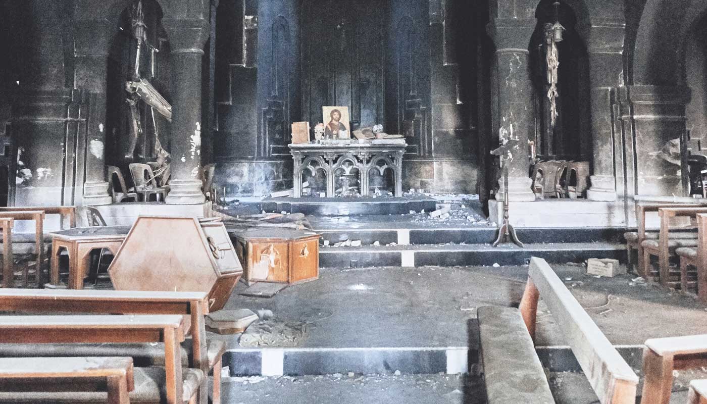 En kyrka i Bartella i norra Irak som vandaliserats under IS ockupation. Bild: Fredrik Noreback