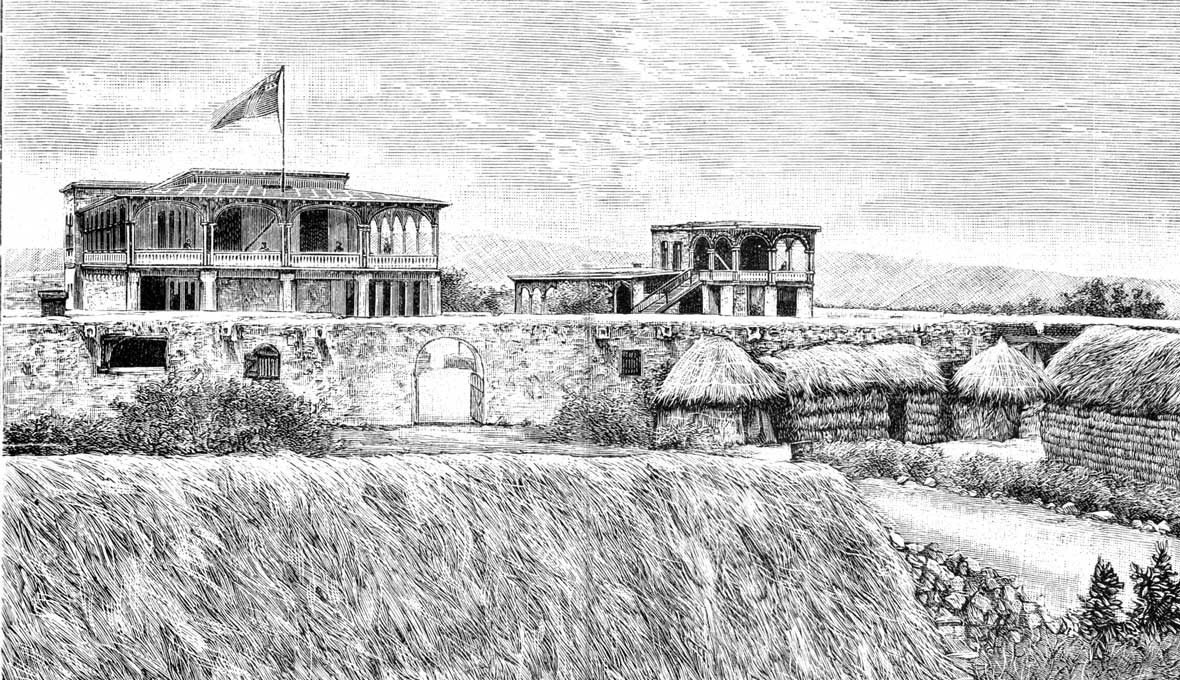 Missionsstationen i Monkullo. På skissen står det noterat att huset skulle målas ljusgult och ha bruna fönsterbågar och gröna persienner. Trävirket på verandan skulle målas mycket ljusgult.