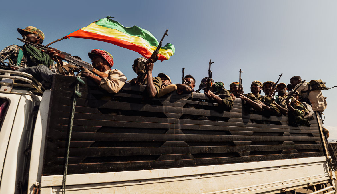 Amhara-milis på väg för att konfrontera lokala styrkor i konfliktdrabbade Tigray, november 2020. Bild: TT