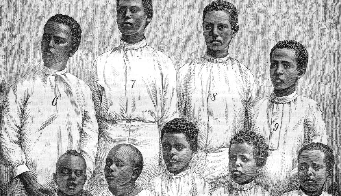 Nio elever vid Lundahls skola i Monkullo (Imkullo) 1884. Flera av dem blev senare ledare i kyrkan.