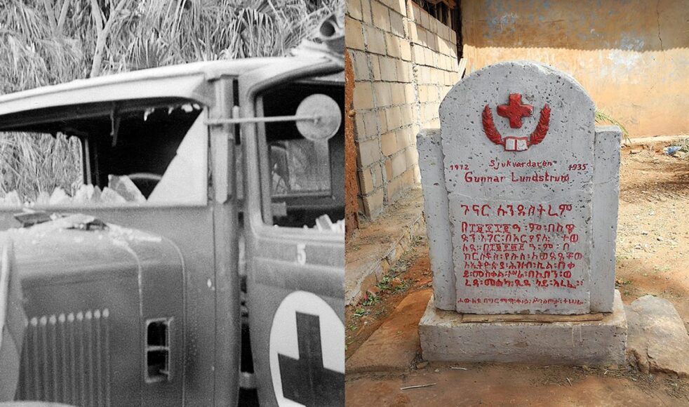 Lastbilen som Gunnar Lundström satt i vid bombangreppet och hans gravsten i Addis Abeba.