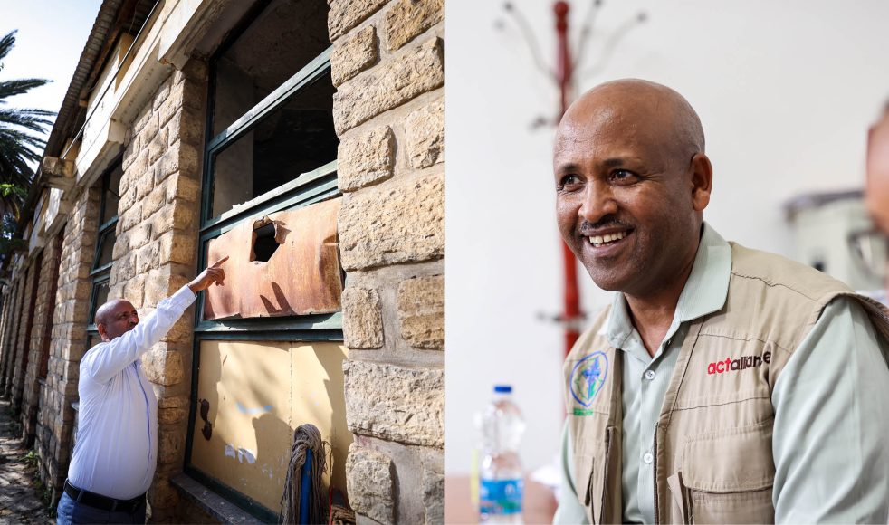 Desta Hadera pekar på de synliga spåren av inbördeskriget. På EFS play finns inslaget »Hopp i Tigray«, som var en del av Se Be Ge 2025. Där berättar Desta mer om sin egen historia, situationen i området och kyrkans stora betydelse.