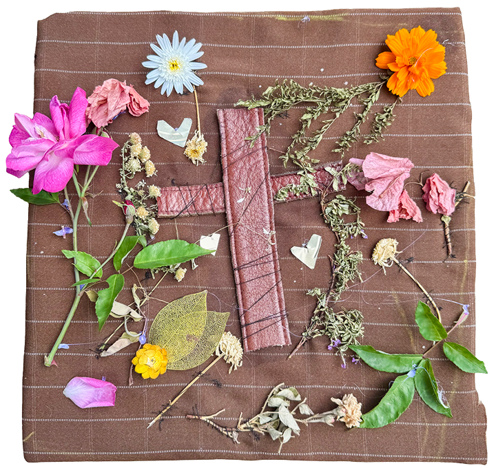 Blomtavla med bibelord gjord av naturmaterial