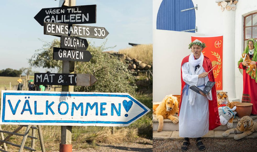 Besökarna får möta Jonas Magnusson i flera olika roller – här agerar han som Kejsar Augustus, vars fru Livia syns i bakgrunden. Förra året välkomnades 130 grupper till Bibelns värld.